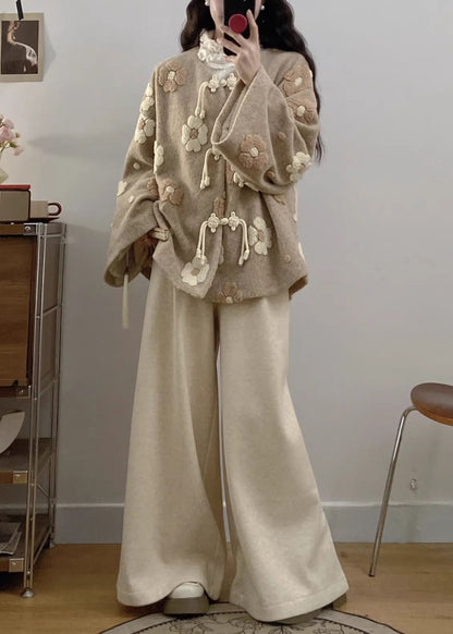 Apricot Chinese Button Coat and Wide Leg Pants Woolen Two Pieces Set Spring