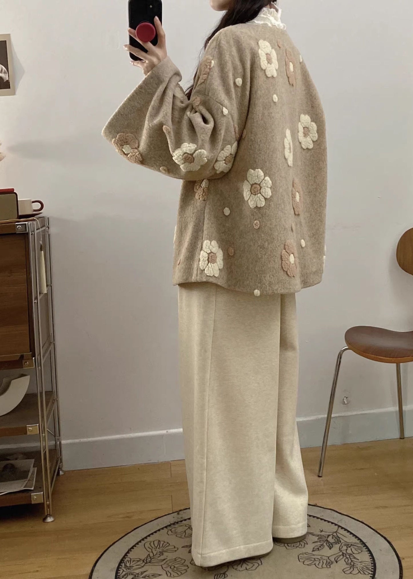 Apricot Chinese Button Coat and Wide Leg Pants Woolen Two Pieces Set Spring