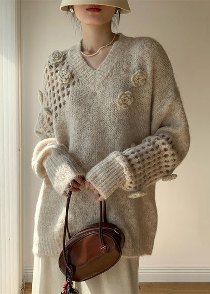 Apricot V Neck Hollow Out Cotton Knit Sweater Spring
