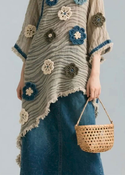 Asymmetrical Wrinkled Patchwork Cotton Blouse Bracelet Sleeve