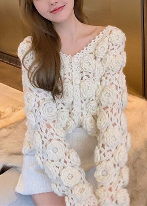 Beige Button Hollow Out Cotton Knit Coats Spring