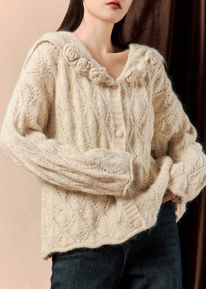 Beige Button Hollow Out Knit Sweaters Spring