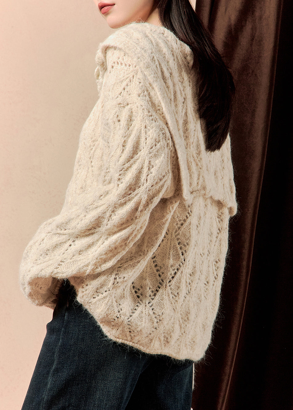 Beige Button Hollow Out Knit Sweaters Spring