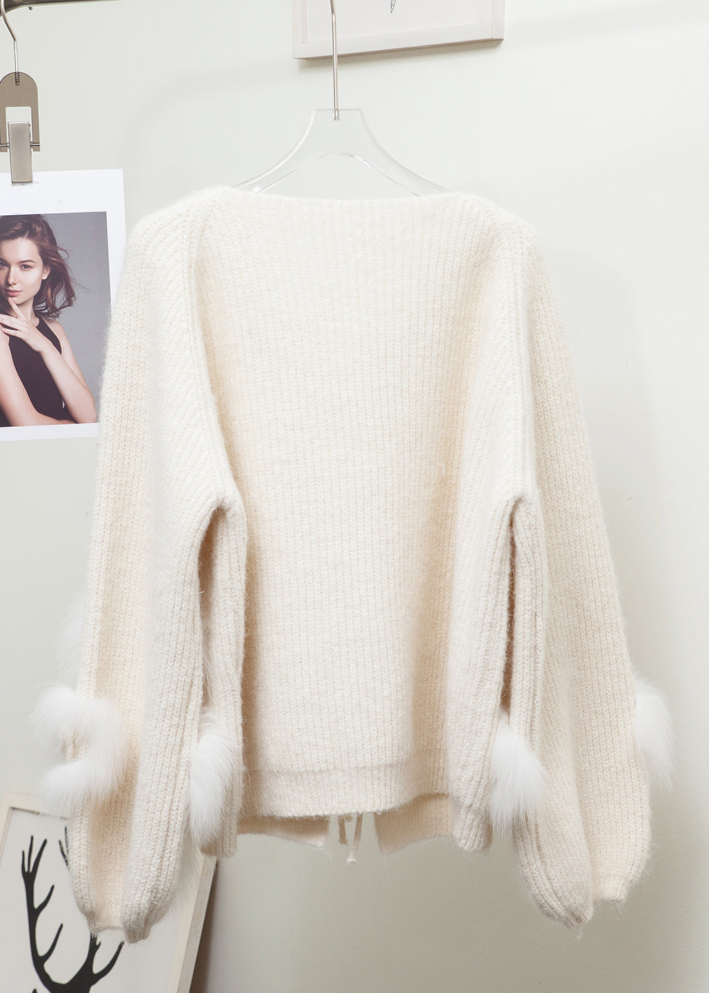 Beige Lace Up Fox Fur Patchwork Knit Coats Winter
