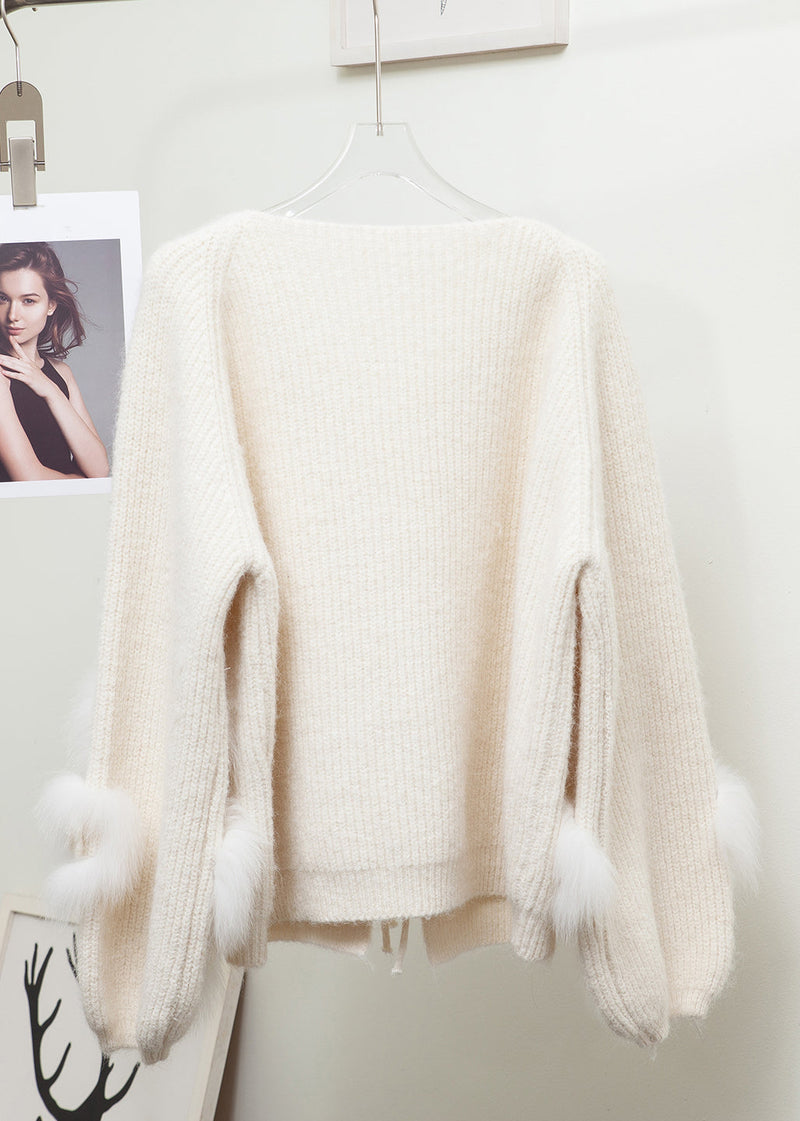 Beige Lace Up Fox Fur Patchwork Knit Coats Winter