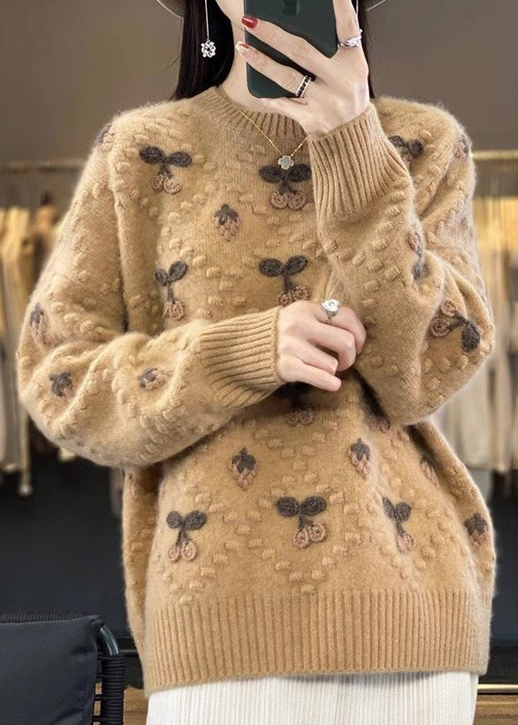Beige O Neck Cozy Cotton Knit Sweaters Long Sleeve