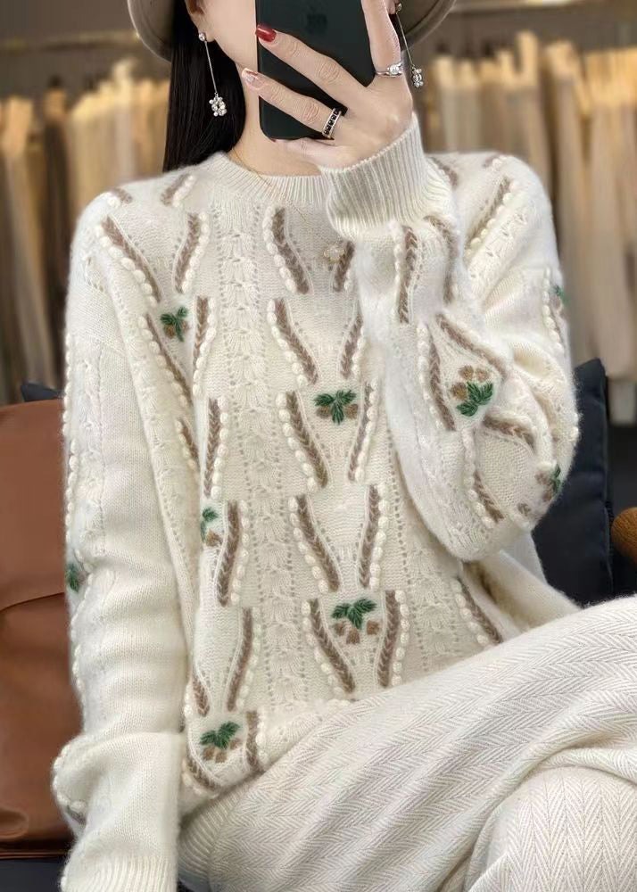 Beige O Neck Hollow Out Cozy Wool Sweaters Spring