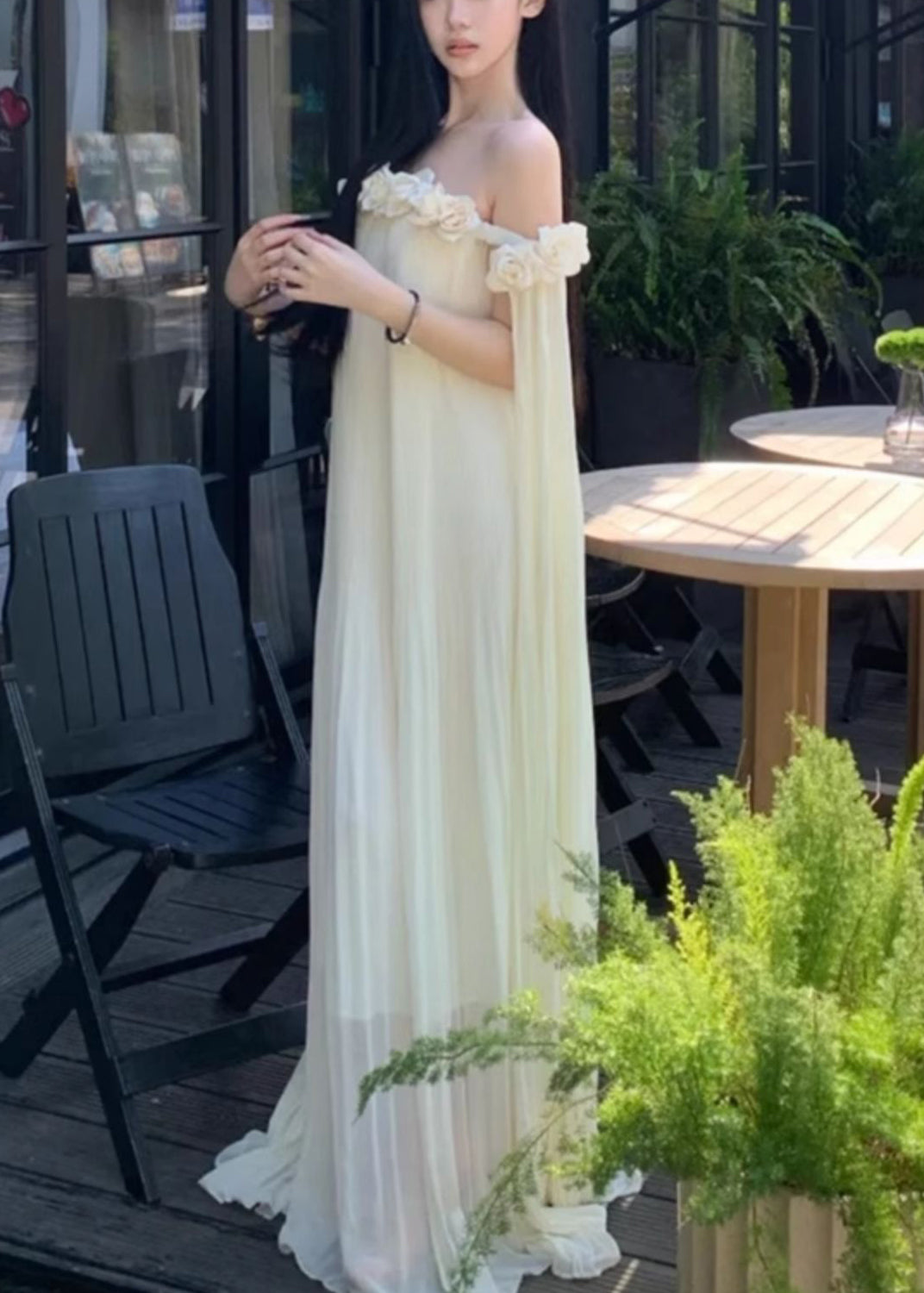 Beige Slash Neck Chiffon Maxi Dresses Summer