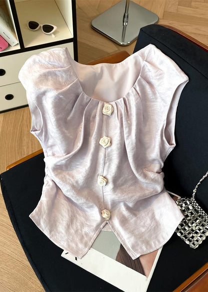 Beige Square Collar Front Open Silk Shirt Summer