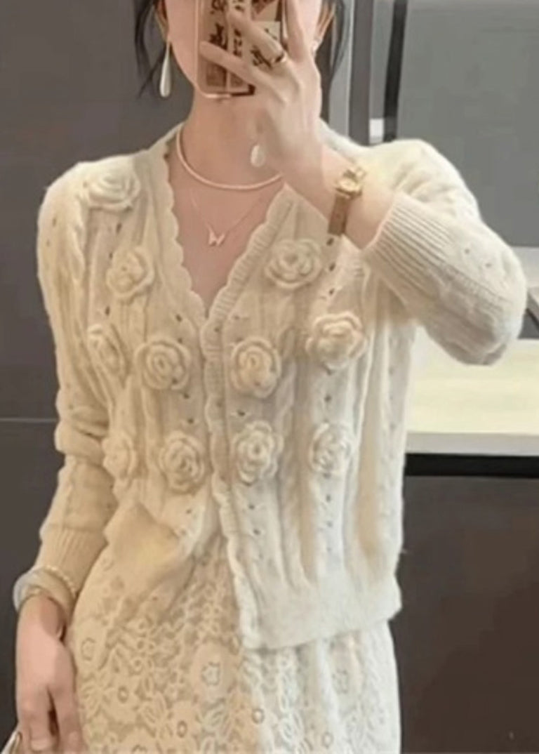 Beige V Neck Hollow Out Knit Cardigans Spring