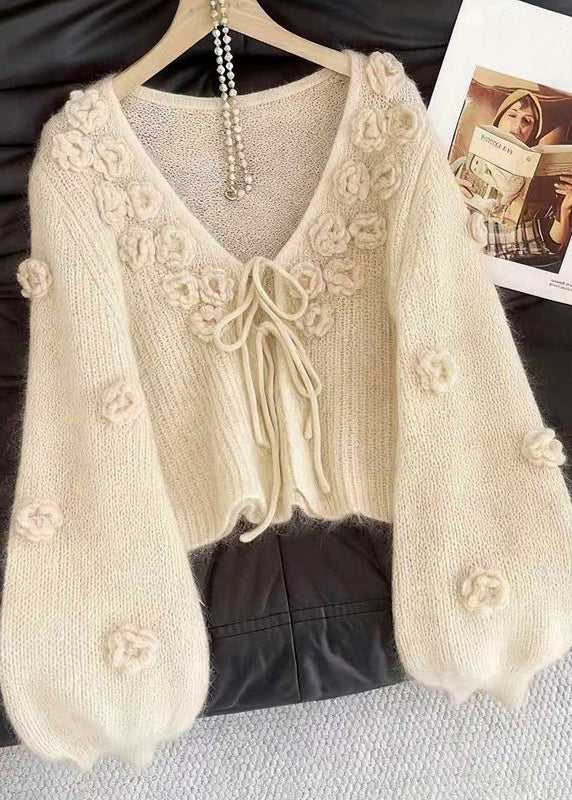 Beige V Neck Lace Up Cozy Knit Cardigan