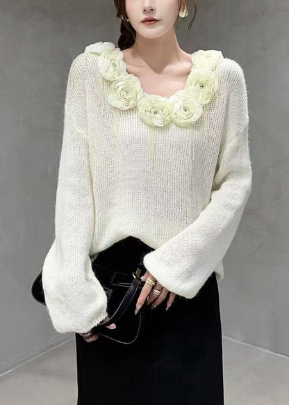 Beige V Neck Nail Bead Cozy Knit Sweater