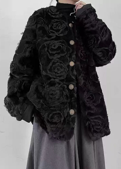 Black O-neck Button Fuzzy Fur Fluffy Coats Spring