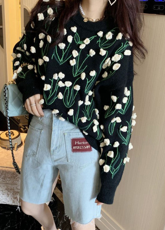 Black O Neck Cozy Cotton Knit Sweater Spring