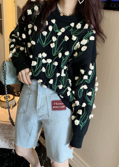 Black O Neck Cozy Cotton Knit Sweater Spring