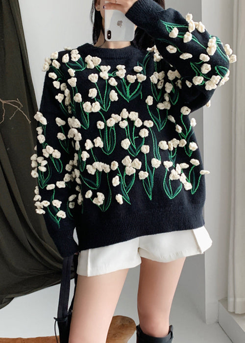 Black O Neck Cozy Cotton Knit Sweater Spring