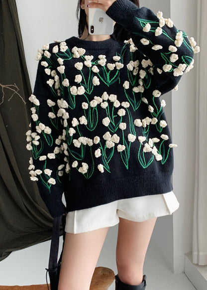 Black O Neck Cozy Cotton Knit Sweater Spring