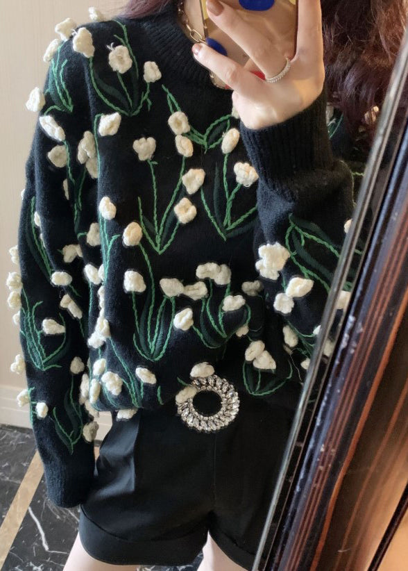 Black O Neck Cozy Cotton Knit Sweater Spring