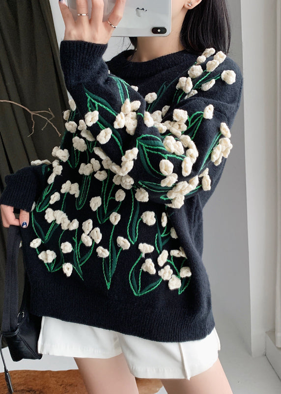 Black O Neck Cozy Cotton Knit Sweater Spring