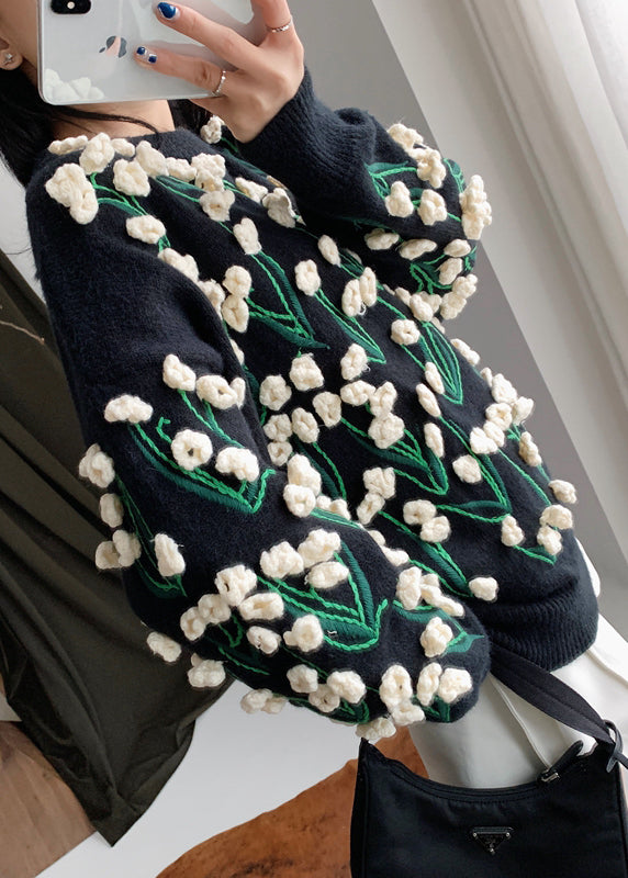 Black O Neck Cozy Cotton Knit Sweater Spring