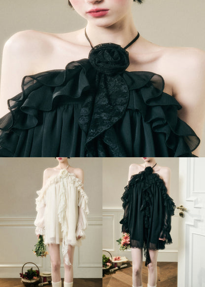 Black Ruffled Chiffon Mini Dresses Butterfly Sleeve