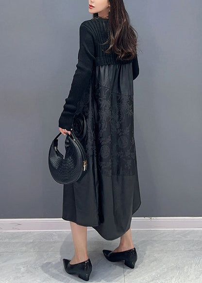 Black Ruffled Knit Patchwork Faux Leather Dress Fall
