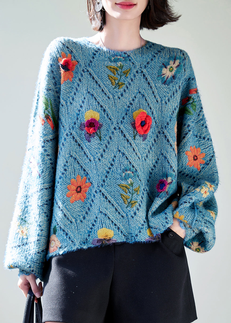 Blue O-neck Hollow Out Knit Sweaters Fall