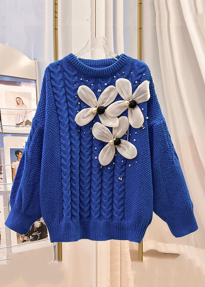 Blue O Neck Nail Bead Knit Sweater Spring