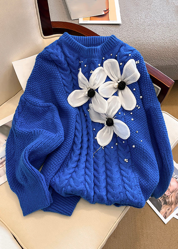 Blue O Neck Nail Bead Knit Sweater Spring