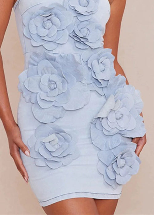 Blue Strapless Zippered Denim Mini Dress Sleeveless