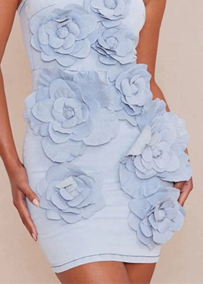 Blue Strapless Zippered Denim Mini Dress Sleeveless