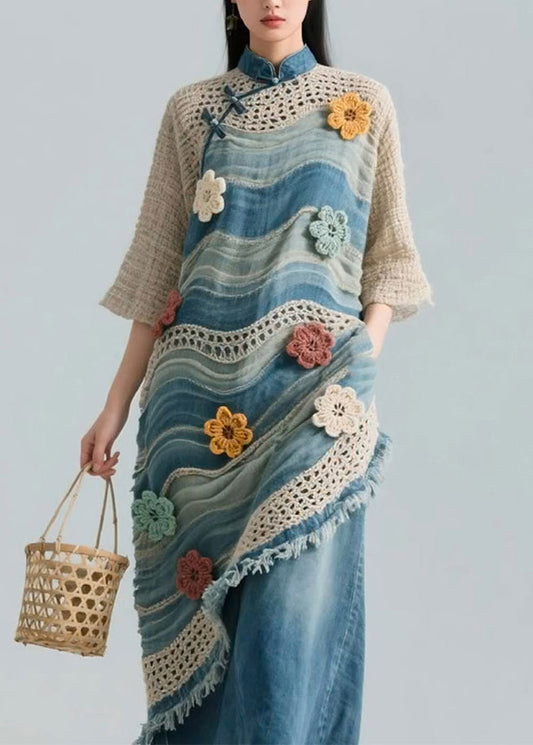 Blue Striped Hollow Out Knit Patchwork Blouses Bracelet Sleeve