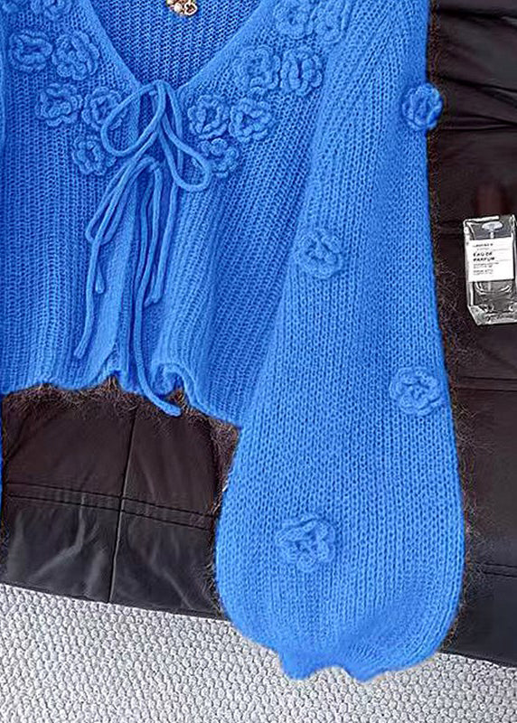 Blue V Neck Lace Up Cozy Knit Cardigans Fall