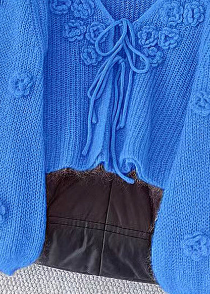 Blue V Neck Lace Up Cozy Knit Cardigans Fall