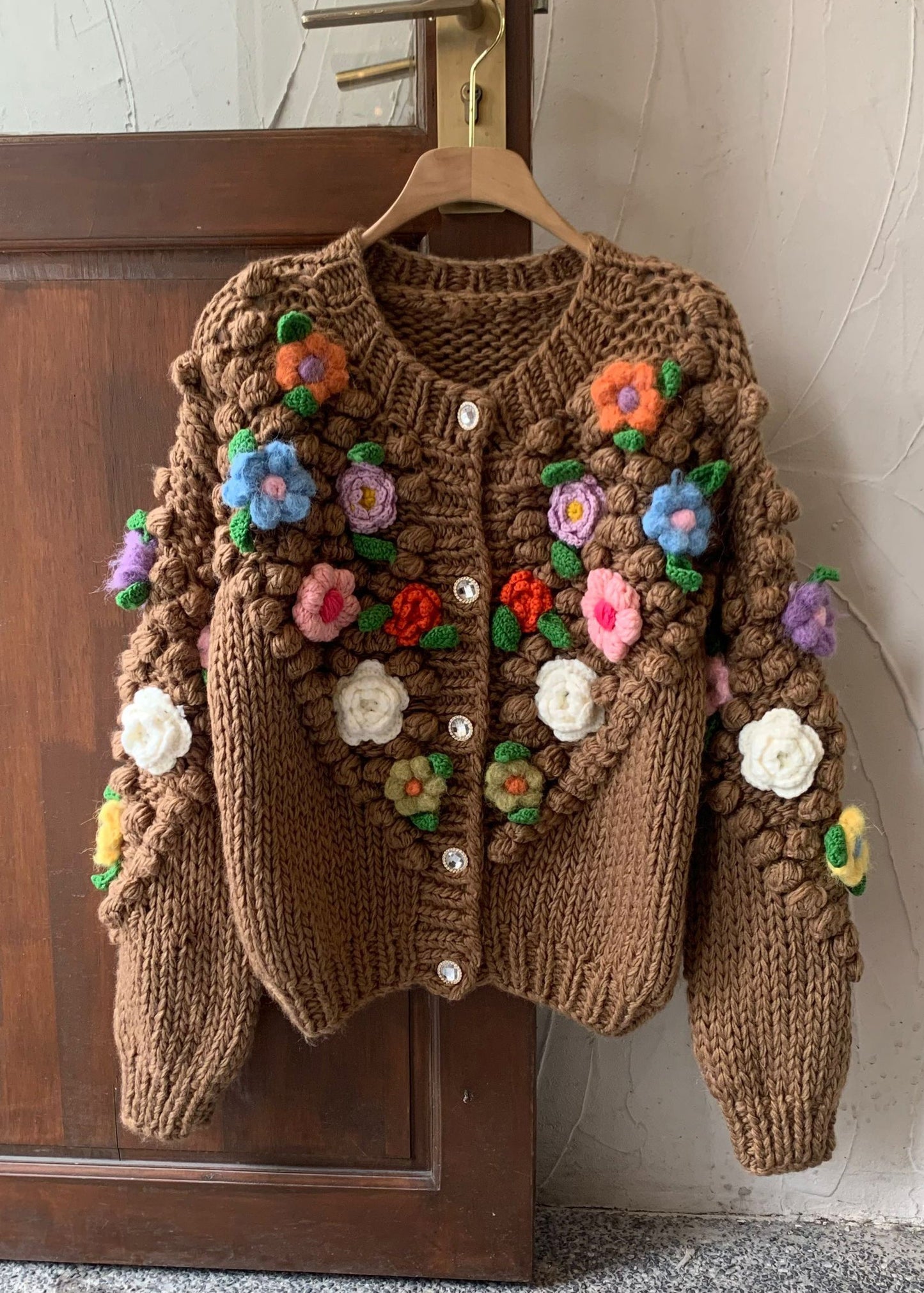 Brown Button Cozy Patchwork Cotton Knit Coats Spring