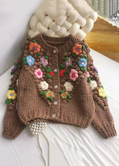 Brown Button Cozy Patchwork Cotton Knit Coats Spring