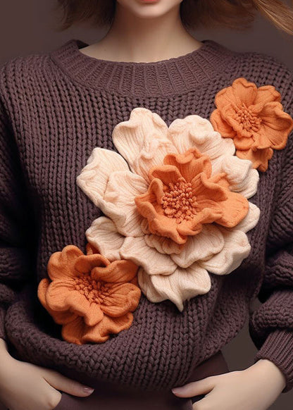 Brown O Neck Cotton Knit Sweaters Fall