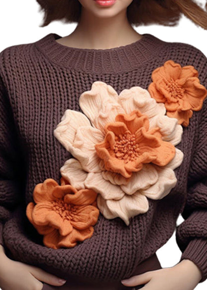 Brown O Neck Cotton Knit Sweaters Fall