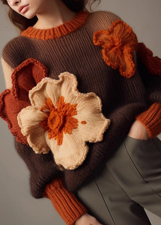 Brown O Neck Cotton Knit Sweaters Long Sleeve