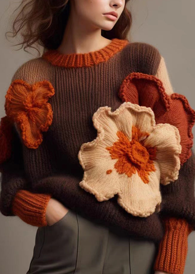 Brown O Neck Cotton Knit Sweaters Long Sleeve