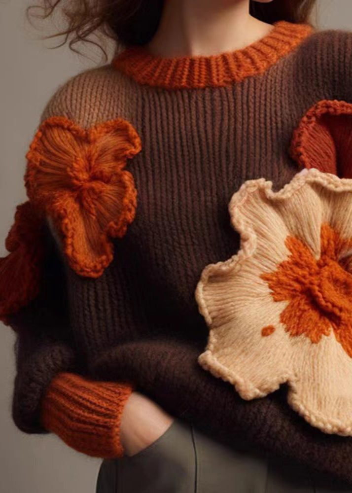 Brown O Neck Cotton Knit Sweaters Long Sleeve