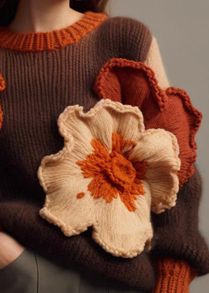 Brown O Neck Cotton Knit Sweaters Long Sleeve