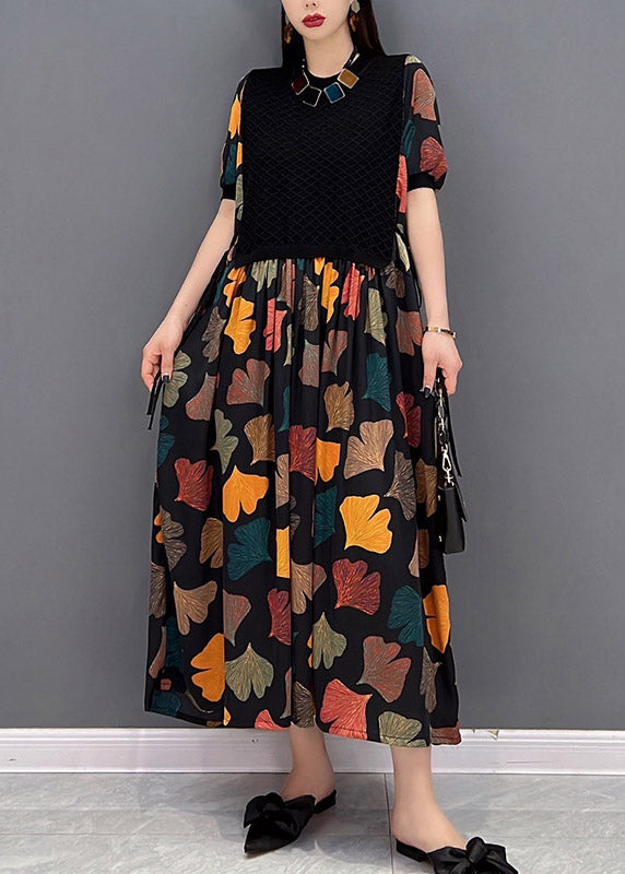 Colour O-neck Print Pleated Dress Short Sleeve
