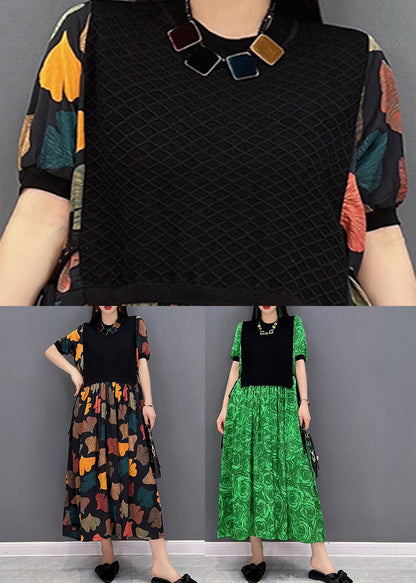 Colour O-neck Print Pleated Dress Short Sleeve