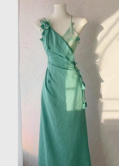 Green Asymmetrical Lace Up Cotton Long Dress Sleeveless