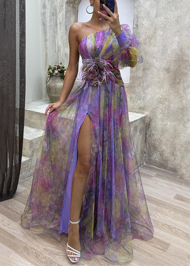 Green Asymmetrical Side Open Tulle Dress Long Sleeve