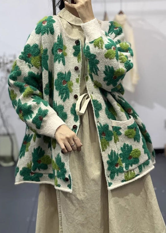 Green Button Pockets Cotton Knit Coats Long Sleeve