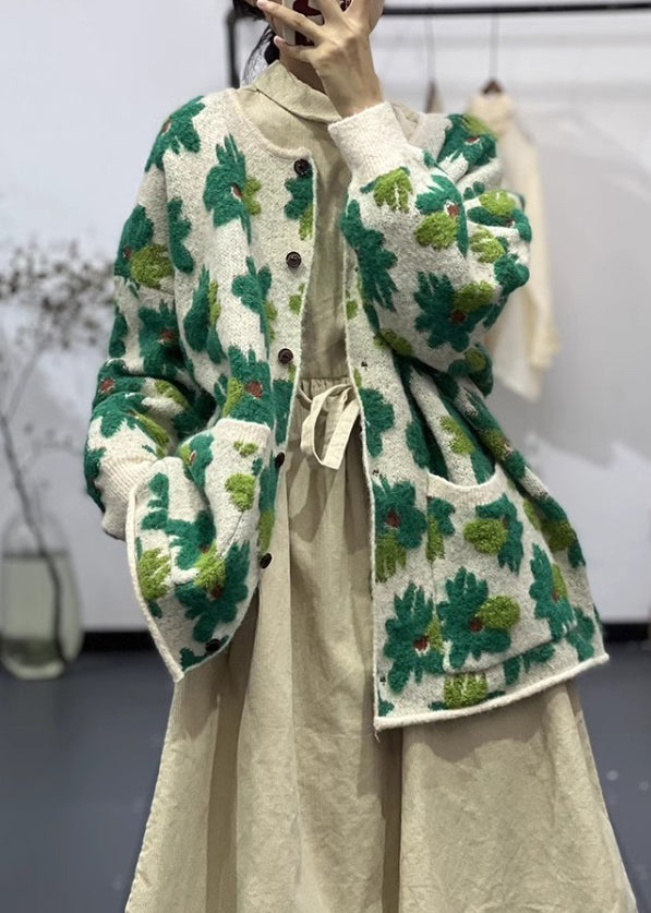 Green Button Pockets Cotton Knit Coats Long Sleeve