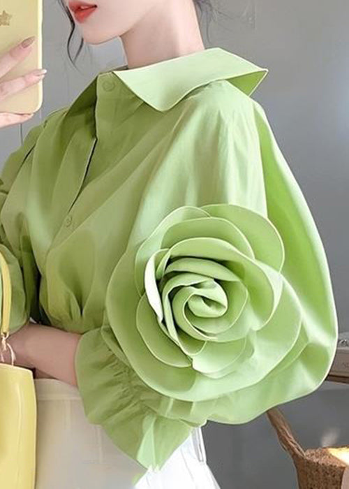 Green Peter Pan Collar Button Cotton Blouses Half Sleeve