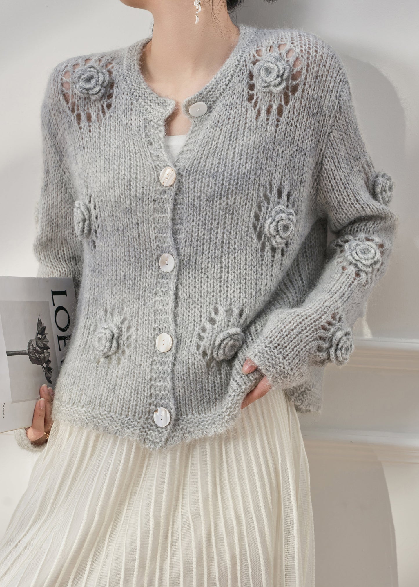 Grey Hollow Out Button Knit Coats Fall